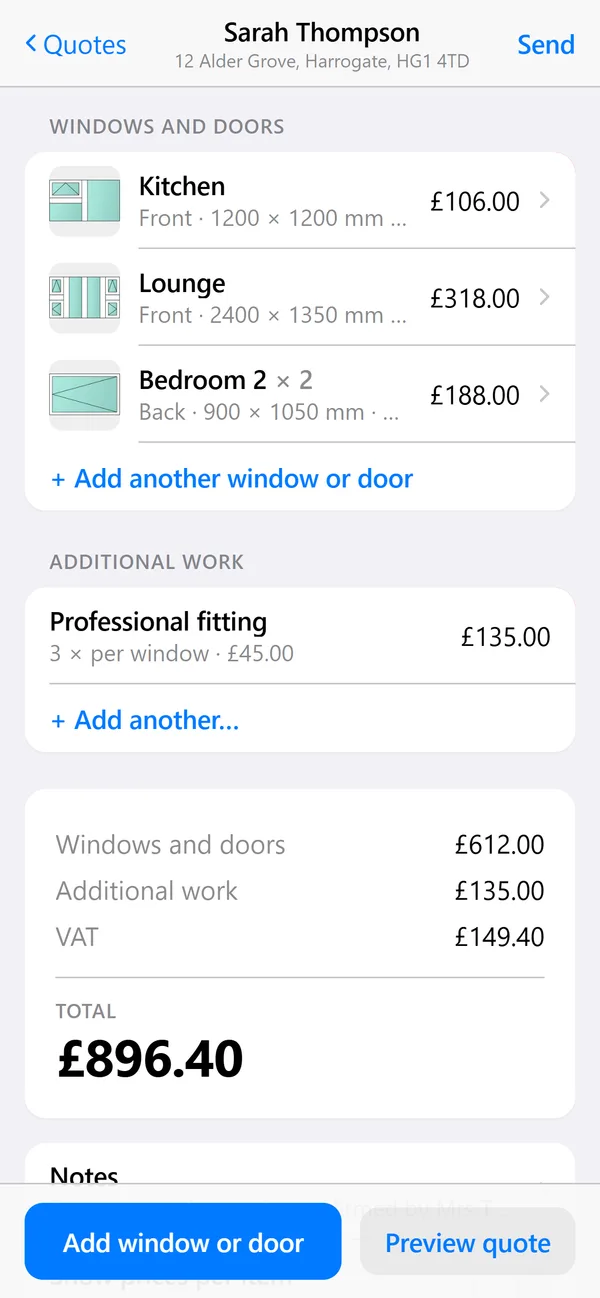 The same quote screen on a phone, with the summary and total below the list of windows.